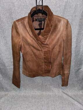 INC International Concepts Women's Brown 100% Leather Ruffle Front Jacket Size S